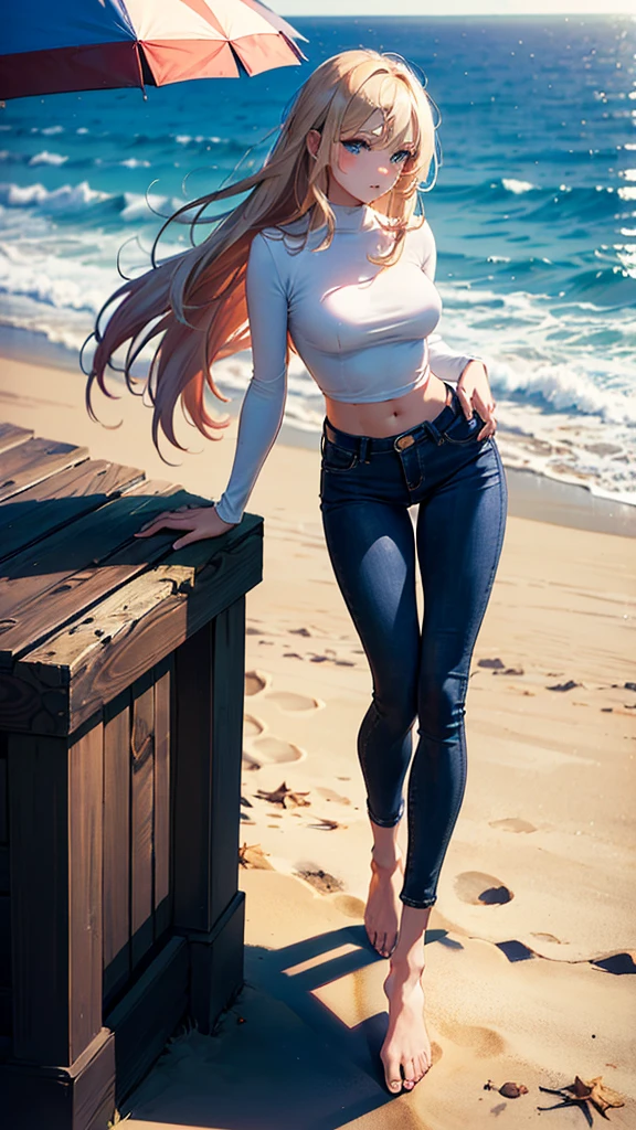 masterpiece, extremery magnificent view, perspective, extremery best quality, extremery detailed CG, 8k wallpaper, high resolution, highly detailed face, highly detailed eyes, perfect anatomy, super detailed skin,
(dynamic angle, dynamic pose:1.2), outdoors, beach, smooth waves, (portrait, legs focus, full body), (beautiful face, beautiful eyes, beautiful legs:1.3), ((((((peestain)))))), blush, worried,
1 girl, solo, (black top, blue jeans pants:1.3), (skinny jeans:1.3), long sleeves, medium breasts, blond hair, long hair, floating hair, straight hair, open forehead, (barefoot:1.3), blue eyes, (navel:0.8), skinny, slender, wide hips, thin waist