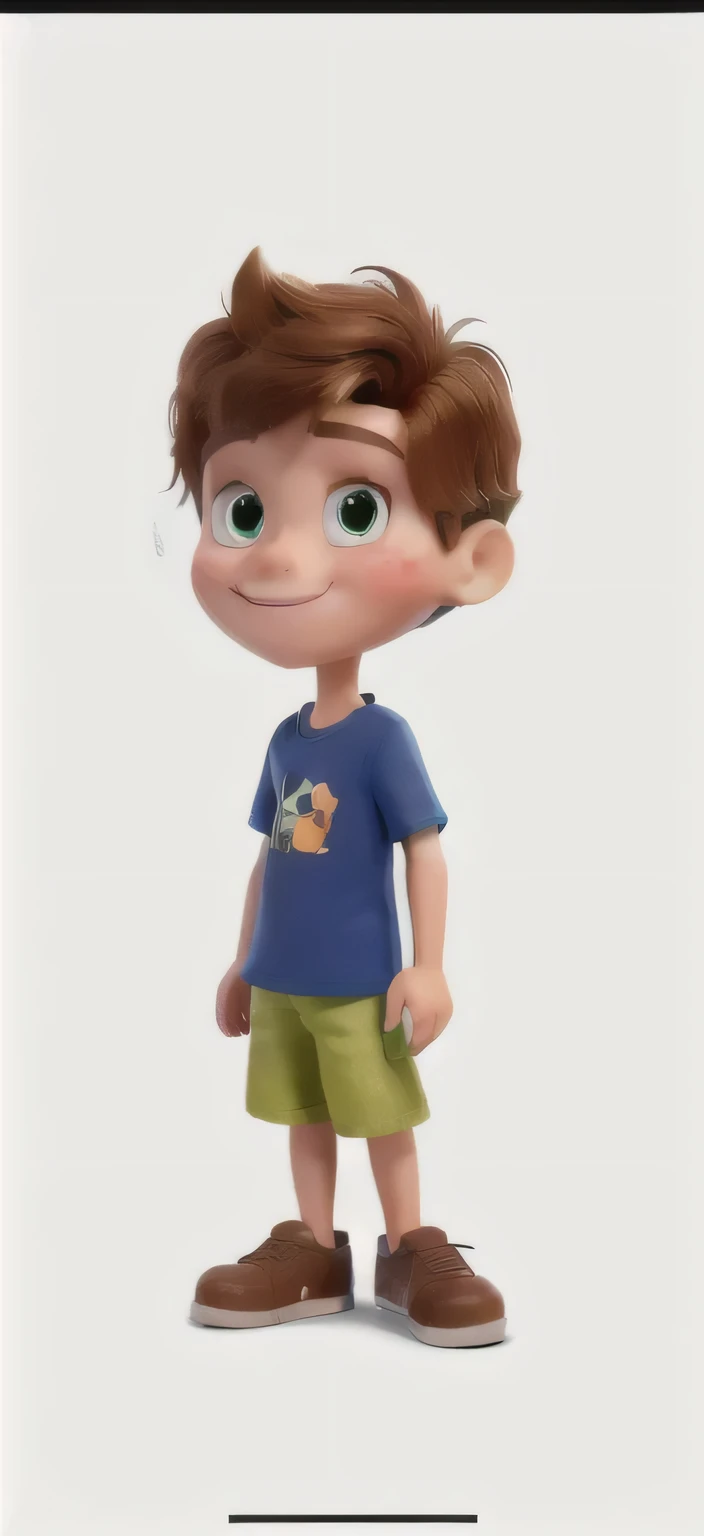 Make a Disney style doll of a light brunette boy with straight caramel hair, Green shorts, blue blouse and brown sneakers,
On your face you have a beautiful, charming smile