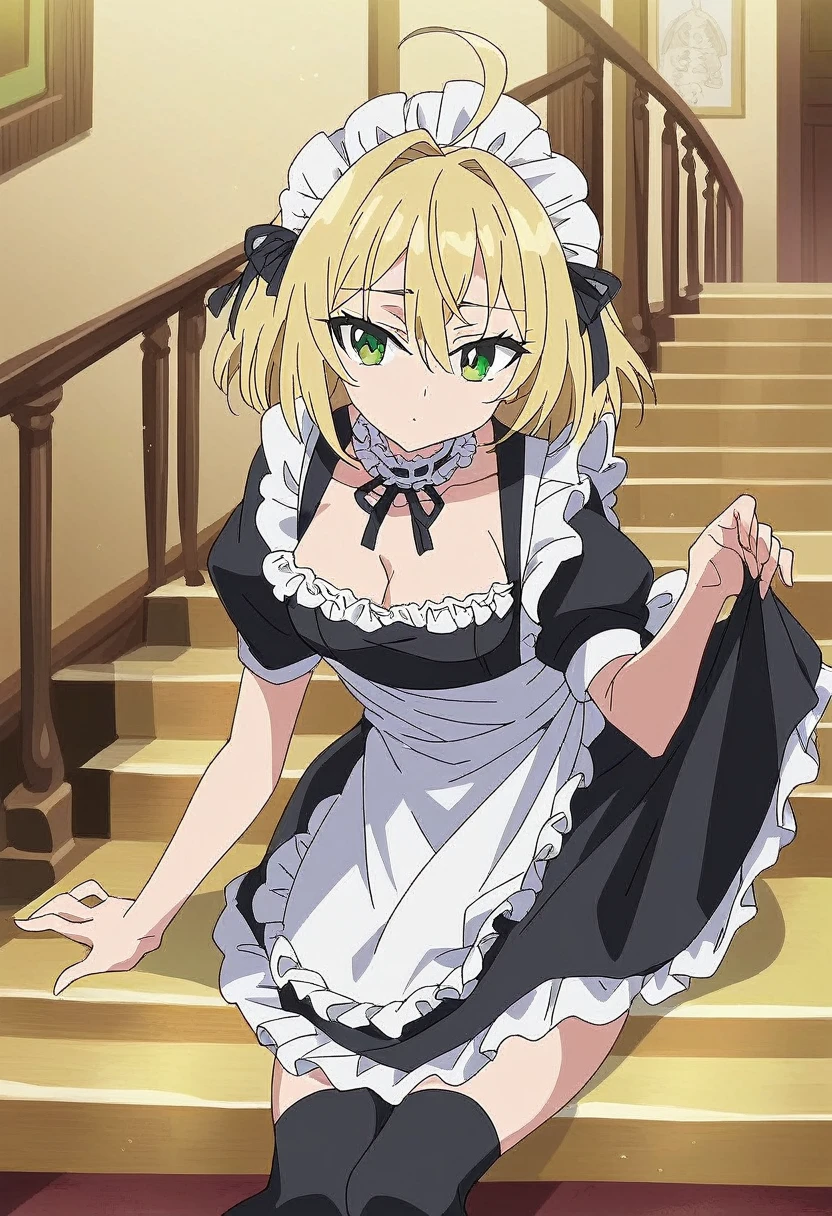 Prompt: score_9, gweda:1.5, official art, masterpiece, absurdres, anime screencap:1.5, 1girl, :o, ahoge, apron, arm support, black dress, black ribbon, black thighhighs, blonde hair, breasts, choker, cleavage, dress, frilled choker, frills, green eyes, indoors, leaning forward, maid, maid apron, maid headdress, neck ribbon, puffy short sleeves, puffy sleeves, ribbon, seiza, short sleeves, sidelocks, sitting, small breasts, solo, stairs, thighhighs, zettai ryouiki, indoors,
