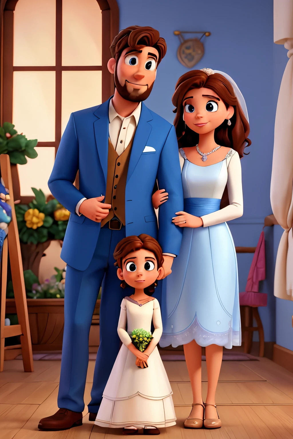 a Disney pixar-inspired movie poster with the title "to dream". The main characters are a couple in their marriage, the man with brown hair and beard, and the woman with brown hair, the man wearing a grayish blue suit and the bride wearing a white dress, The scene must be in the distinctive Pixar digital art style, the groom kneeling kissing the bride's hand, An Eiffel Tower in the background, with a focus on couple expressions, swirly vibrant colors, and detailed textures are characteristic of its animations.