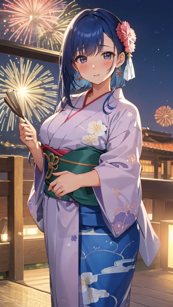 Master piece, extremely detailed, high resolution, Haruba Negi style, girl, holding hands with a boy, yukata, yukata with morning glory pattern, dumpling hair, blue hair, fireworks display background, holding a fan, camera eyes, middle chest, constricted waist, glossy plump lips, glossy hair, pink lips, happy expression to see my boyfriend, blushing cheeks and embarrassed, Tanabata decoration