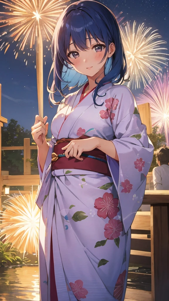 Master piece, extremely detailed, high resolution, Haruba Negi style, girl, holding hands with a boy, yukata, yukata with morning glory pattern, dumpling hair, blue hair, fireworks display background, holding a fan, camera eyes, middle chest, constricted waist, glossy plump lips, glossy hair, pink lips, happy expression to see my boyfriend, blushing cheeks and embarrassed, Tanabata decoration