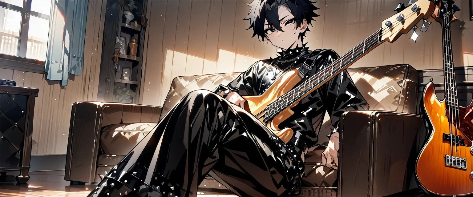 (((masterpiece,Highest quality))),(((A male anime character with messy black hair and black eyes dressed in a spiky patent leather visual kei outfit))),(((Sitting with a bass guitar))),(((Western-style living room))),Focus on the whole body,(high quality),アニメ