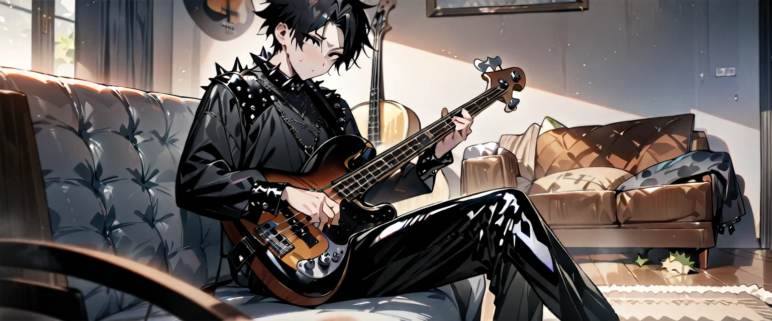 (((masterpiece,Highest quality))),(((A male anime character with messy black hair and black eyes dressed in a spiky patent leather visual kei outfit))),(((Sitting with a bass guitar))),(((Western-style living room))),Focus on the whole body,(high quality),アニメ