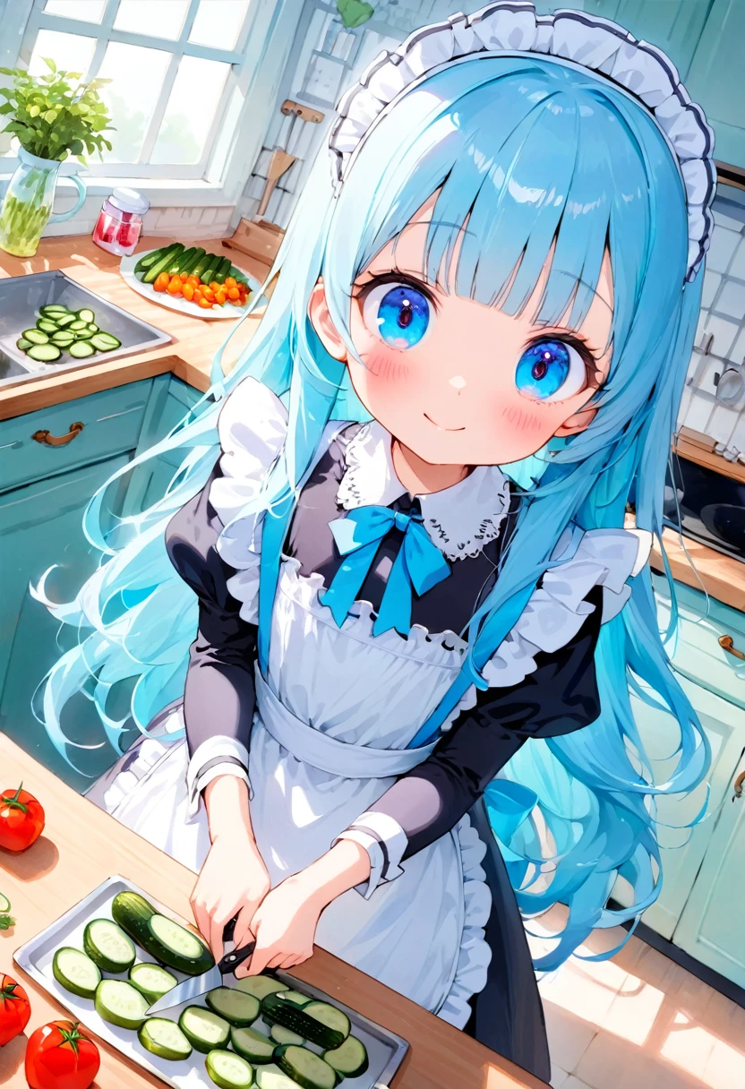 masterpiece, best quality, extremely detailed, (illustration, official art:1.1), 1 girl ,(((( light blue long hair)))), ,(((( light blue long hair)))),light blue hair, , long hair ((blush)) , cute face, big eyes, masterpiece, best quality,(((((a very delicate and beautiful girl))))),Amazing,beautiful detailed eyes,blunt bangs((((little delicate girl)))),tareme(true beautiful:1.2), sense of depth,dynamic angle,,,, affectionate smile, (true beautiful:1.2),,(tiny 1girl model:1.2),)(flat chest),Maid Outfit, beautiful maid in white latex outfit cutting cucumber in kitchen with knive, pretty face , pretty features, pretty pose, delicate, innocent, pretty kitchen, roses, light, detailed, acrylic, watercolor, 、Girl preparing salad in kitchen, vegetables