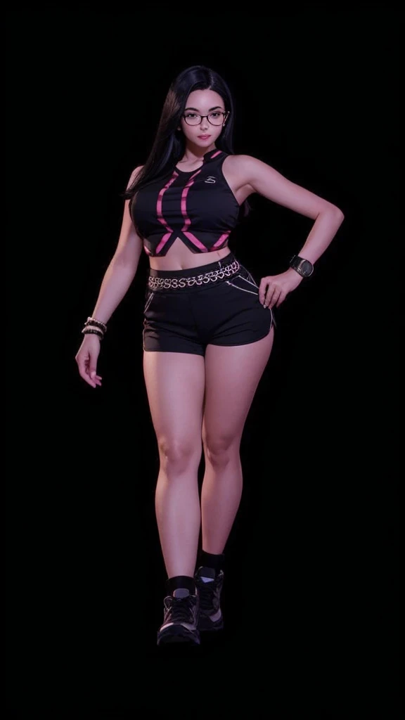 A beautiful woman full body, with prescription glasses, com cropped preto, with black shorts, with straight black hair.