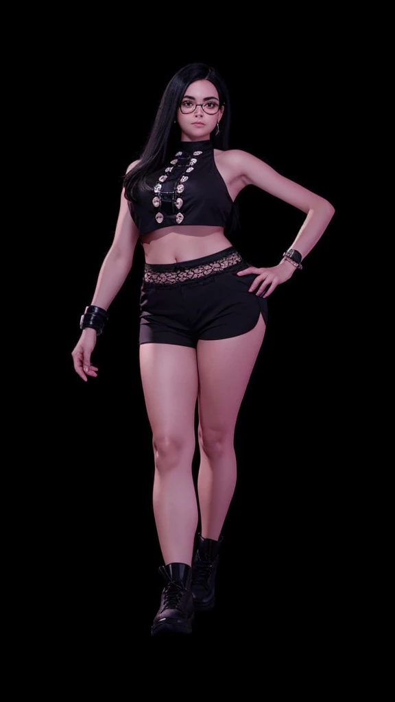 A beautiful woman full body, with prescription glasses, com cropped preto, with black shorts, with straight black hair.
