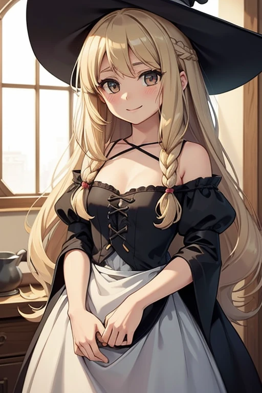 (piece of art, official art), 1 girl, One, thick, curved, curved, blond hair, Brown eyes, dirty hair, Wavy hair, side braid, witch, witch hat, (marisa kirisame:1.2), (Maid's dress), (close-up), portrait, (small breasts), standing, Foreground, interior, Sun Ray, I look at the viewer, (root), smile, seductive, attractive costume, open shoulders