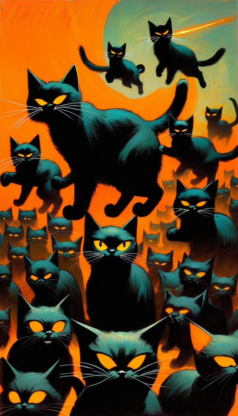 the war of the cats, black cats against orange cats (art inspired in Skottie Young and Bill Sienkiewicz). oil painting)

