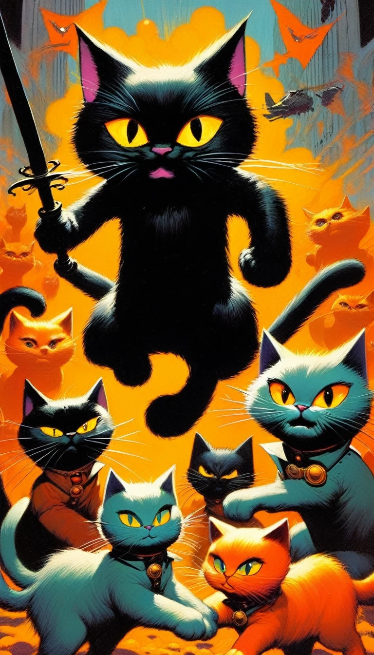 the war of the cats, black cats against orange cats (art inspired in Skottie Young and Bill Sienkiewicz). oil painting)

