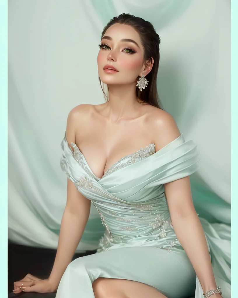 a close up of a woman in a dress sitting on a bed, stunning elegant pose, elegant glamor pose, actress, edited, glamorous pose, cute elegant pose, ad image, doing an elegant pose, pastel', by Emma Andijewska, 🤬 🤮 💕 🎀, satin, closeup portrait shot, an elegant green, glamour pose,big