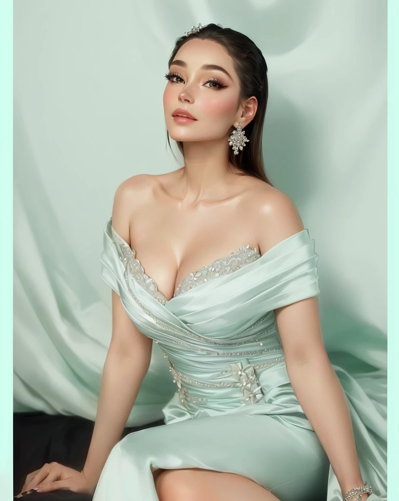 a close up of a woman in a dress sitting on a bed, stunning elegant pose, elegant glamor pose, actress, edited, glamorous pose, cute elegant pose, ad image, doing an elegant pose, pastel', by Emma Andijewska, 🤬 🤮 💕 🎀, satin, closeup portrait shot, an elegant green, glamour pose,big