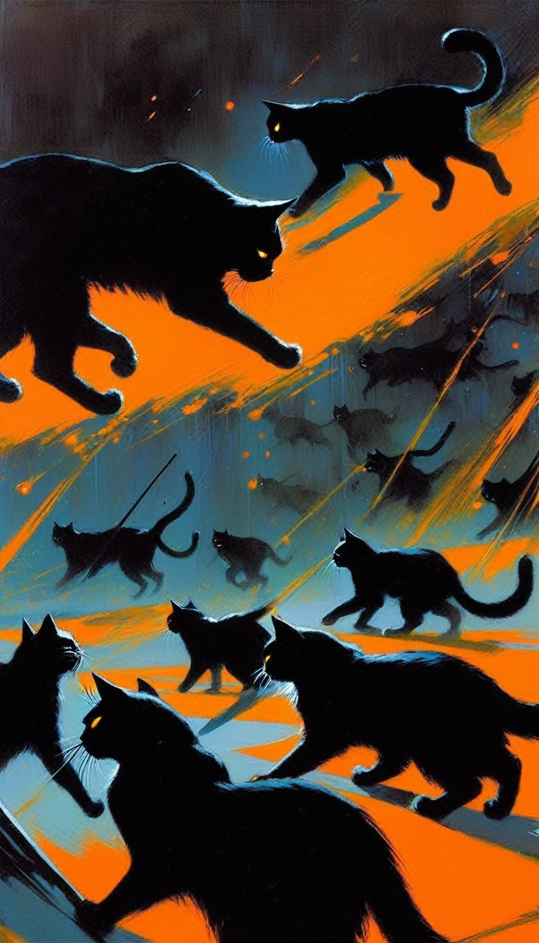 the war of the cats, black cats against orange cats (art inspired in Bill Sienkiewicz). oil painting)