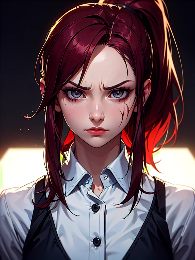 ((Portrait)), She has a Robust and Muscular Appearance, with Adult Charm, Fair Skin and a Scars Over Her Lips. She Expresses a Sharp and Penetrating Gaze, Frowning, Giving Off a Temperamental Attitude. She has Dark Gray Eyes, and Her Hair is Long and Tousled, Deep Red, Tied in a High Ponytail, with Bare Forehead. She Wears a Tight-fitted White Office Shirt with a Tactical Straps. ((Portrait, HDR, Dark Background))