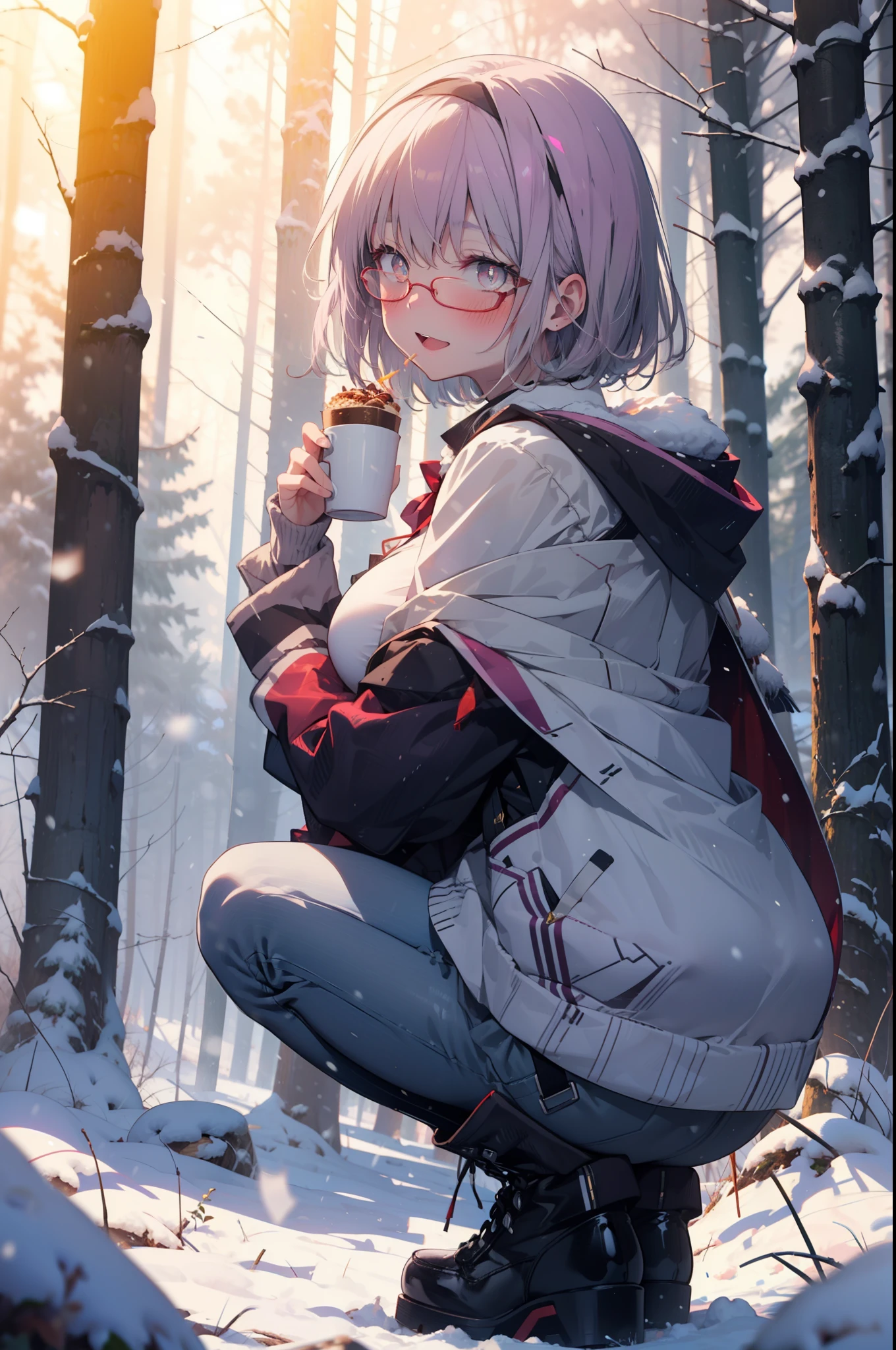 akaneshinjou, shinjou akane, Light purple hair, (Pink Eyes:1.2), short hair,Akagi Glasses,hair band,smile,blush,White Breath,Big Breasts,
Open your mouth,snow,Ground bonfire, Outdoor, boots, snowing, From the side, wood, suitcase, Cape, Blurred, having meal, forest, White handbag, nature,  Squat, Mouth closed, Cape, winter, Written boundary depth, Black shoes, red Cape break looking at viewer, Upper Body, whole body, break Outdoor, forest, nature, break (masterpiece:1.2), Highest quality, High resolution, unity 8k wallpaper, (shape:0.8), (Beautiful and beautiful eyes:1.6), Highly detailed face, Perfect lighting, Extremely detailed CG, (Perfect hands, Perfect Anatomy),