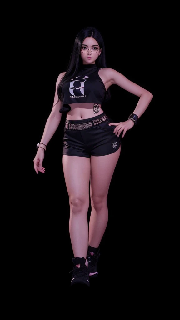 A beautiful girl in full body, with prescription glasses, com cropped preto, with black shorts, with straight black hair.