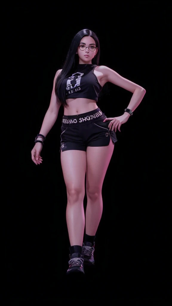 A beautiful girl in full body, with prescription glasses, com cropped preto, with black shorts, with straight black hair.
