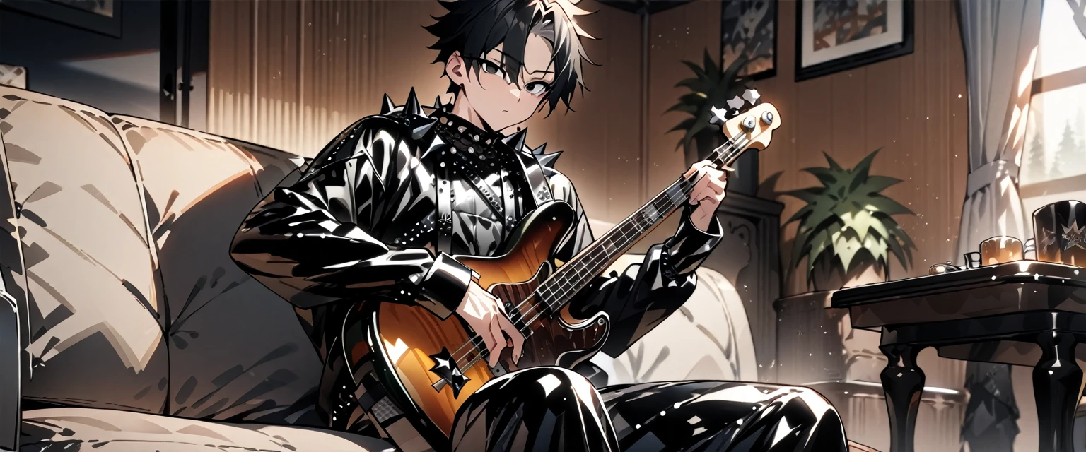 (((masterpiece,Highest quality))),(((A male anime character with messy black hair and black eyes dressed in a spiky patent leather visual kei outfit))),(((Sitting with a bass guitar))),(((Western-style living room))),Focus on the whole body,(high quality),アニメ