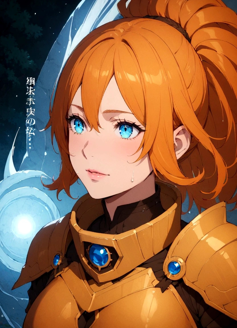 Adult stone, sun orange hair, blue eyes, big breasts, armor, warrior, beautiful face,