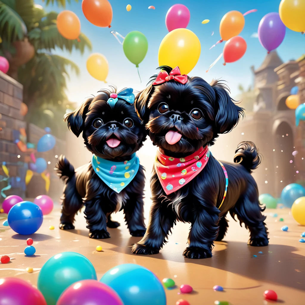 2 adorable small black shih tzu puppies, wearing bright bandanas and sunglasses, painting and making a mess, disney background, 3d cartoon, 3d render, disney pixar style, intricate details, soft lighting, vibrant colors, whimsical, photorealistic, 8k, best quality