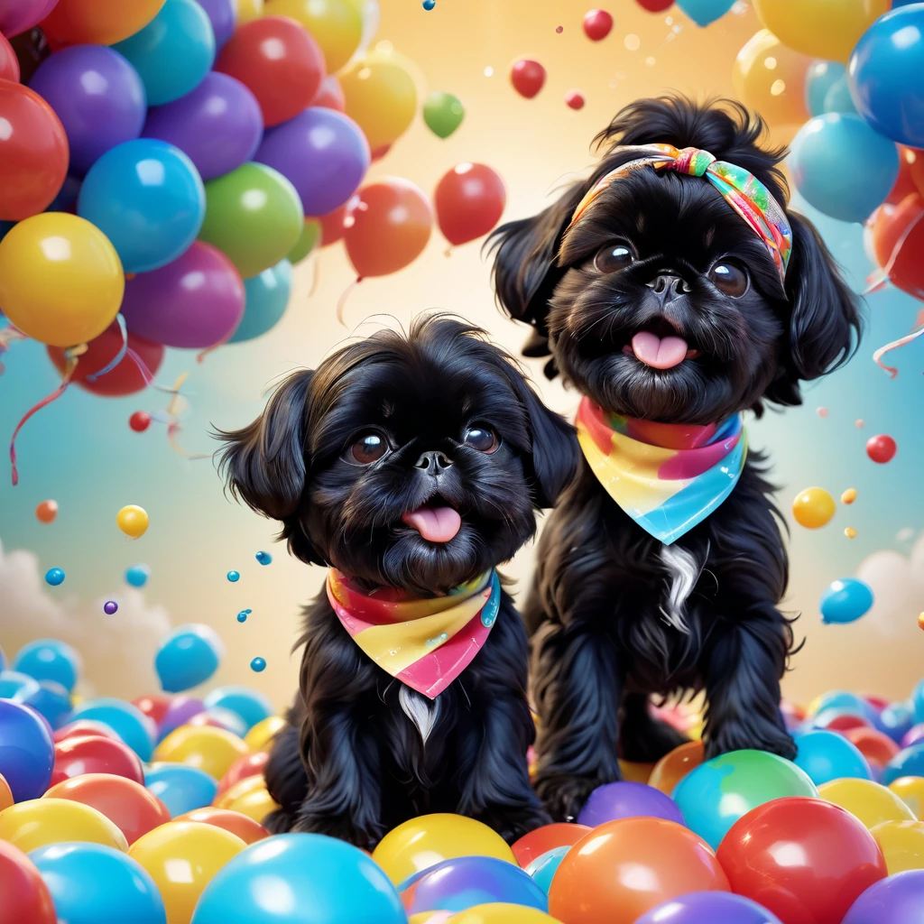 2 adorable small black shih tzu puppies, wearing bright bandannas and sunglasses, throwing water balloons, disney cartoon background, 3d render, disney pixar style, highly detailed, 8k, photorealistic, vivid colors, dynamic lighting, whimsical, cute, playful