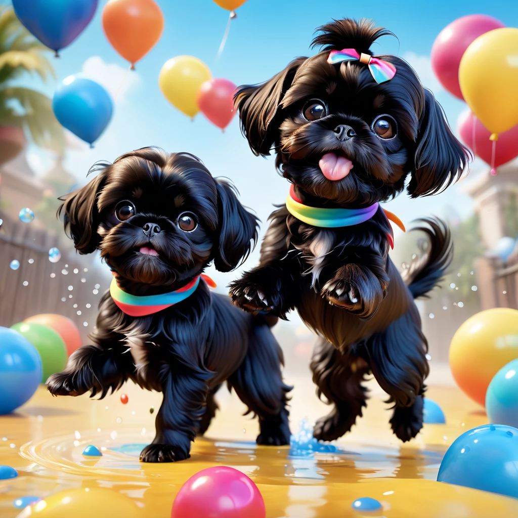 2 adorable small black shih tzu puppies, wearing bright bandannas and sunglasses, throwing water balloons, disney cartoon background, 3d render, disney pixar style, highly detailed, 8k, photorealistic, vivid colors, dynamic lighting, whimsical, cute, playful