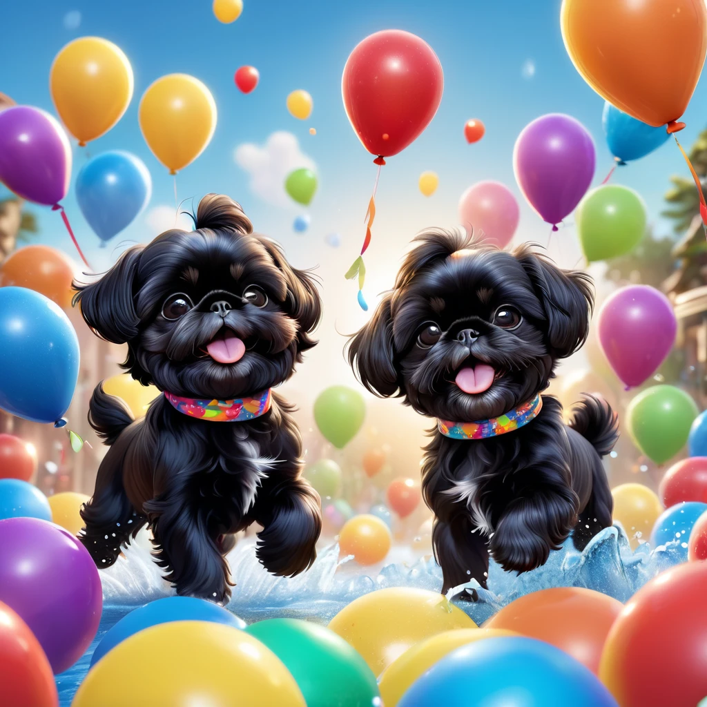 2 adorable small black shih tzu puppies, wearing bright bandanas and sunglasses, painting and making a mess, disney background, 3d cartoon, 3d render, disney pixar style, intricate details, soft lighting, vibrant colors, whimsical, photorealistic, 8k, best quality