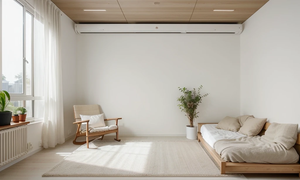 Minimalist Muji-style bedroom, neutral color palette, natural materials, soft lighting, low-profile white couch, wooden chair, natural wood furniture, indoor plants, minimalist wall art, woven rug, natural light, tranquility, functionality, harmonious blend, large doors look to balcony, The room is free of clutter, emphasizing functionality and simplicity, characteristic of the Muji style.
The ceiling is flat with recessed downlights arranged in a sparse, straight line pattern, providing subtle and even illumination throughout the room.
((8k)), high quality detail, soft lighting, minimalist design, neutral color palette, natural materials, clean lines, serene and inviting, modern Japanese aesthetic, flat ceiling, recessed downlights.