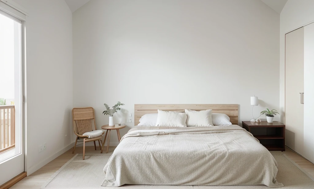 Minimalist Muji-style bedroom, neutral color palette, natural materials, soft lighting, low-profile white couch, wooden chair, natural wood furniture, indoor plants, minimalist wall art, woven rug, natural light, tranquility, functionality, harmonious blend, large doors look to balcony, The room is free of clutter, emphasizing functionality and simplicity, characteristic of the Muji style.
The ceiling is flat with recessed downlights arranged in a sparse, straight line pattern, providing subtle and even illumination throughout the room.
((8k)), high quality detail, soft lighting, minimalist design, neutral color palette, natural materials, clean lines, serene and inviting, modern Japanese aesthetic, flat ceiling, recessed downlights.