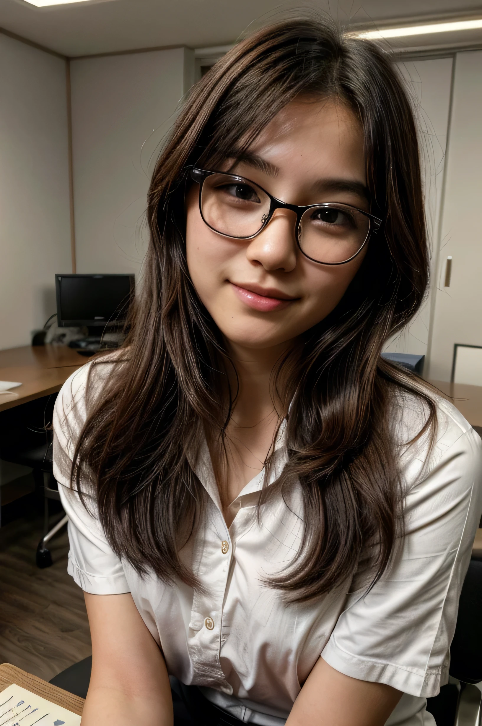 Japanese , 15year old, beautiful face ,perfect face, long black hair, glasses, sitting on desk