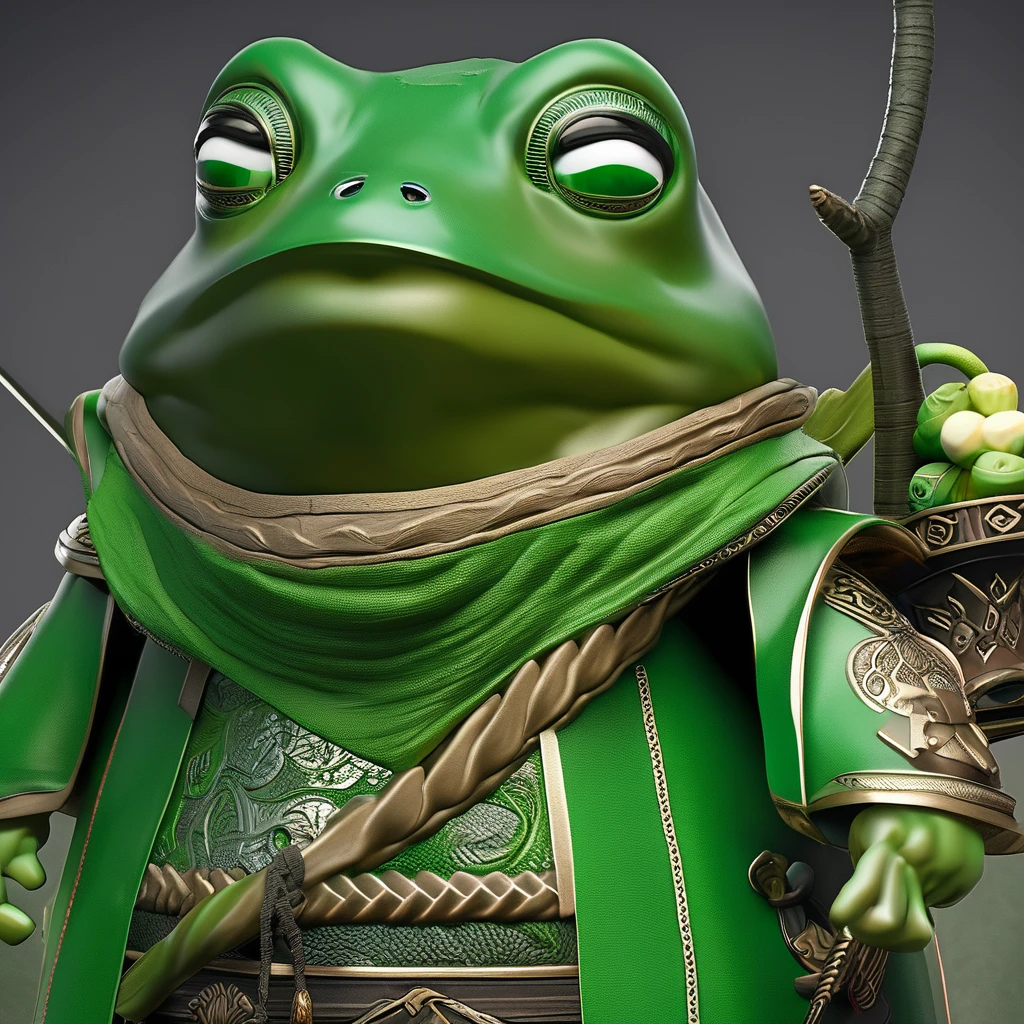 araffe dressed in a green outfit holding a stick and a green frog, toad samurai, very detailed toad, toad philosopher the thinker, colored zbrush render, toad, stylized as a 3d render, hyperdetailed fantasy character, stylized 3d render, painted in zbrush, frog, big toad, zbrush contest winner, 3 d render stylized