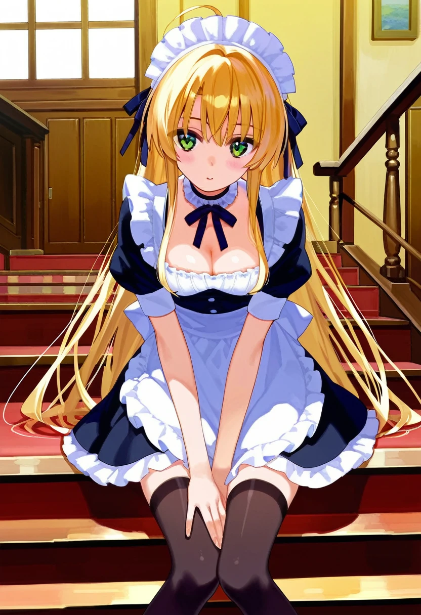 Prompt: score_9, misaki kurehito:1.5, official art, masterpiece, absurdres, anime screencap:1.5, 1girl, :o, ahoge, apron, arm support, black dress, black ribbon, black thighhighs, blonde hair, breasts, choker, cleavage, dress, frilled choker, frills, green eyes, indoors, leaning forward, maid, maid apron, maid headdress, neck ribbon, puffy short sleeves, puffy sleeves, ribbon, seiza, short sleeves, sidelocks, sitting, small breasts, solo, stairs, thighhighs, zettai ryouiki, indoors,