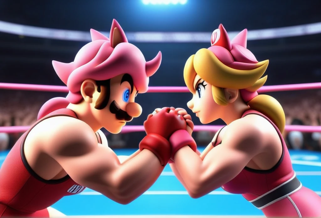 duo, duo_focus. eye_contact, looking_at_another, facing_another, ((screenshots of the volleyball-wrestling hybrid game Super Mario Spikers)), ((Mario vs Peach)), (Mario, 1boy, blue wrestling singlet, muscular_male, pecs, masculine, bare shoulders), (princess peach, 1girl, long hair, large_breasts, navel, cleavage, pink_bikini, strap, bare_midriff, exposed_midriff, muscular_female, abs, bare shoulders), sweat, wrestling, battle_stance, fighting, fighting_stance, battle, volleyball, abs, crowd, wrestling ring, audience, accurate, digital art, 8k, super detail, best quality