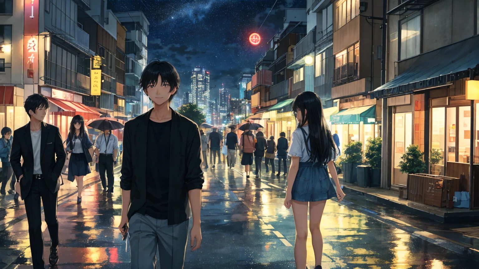 City Night、A cool breeze blows through the gaps between the buildings on a July night.。Two men and women scene。After the rain、The sky is clear.、The stars shine through the clouds。A woman with long black hair fluttering in the wind、I was standing with a handsome man with short black hair.、She is smiling a little and looking at me with a gloomy expression.、Summer night cityscape。The two men and women look tired from walking.、I'm trying to walk again、A shot that captured the moment。Both of them are wearing casual, urban summer clothes.、Relaxed atmosphere。