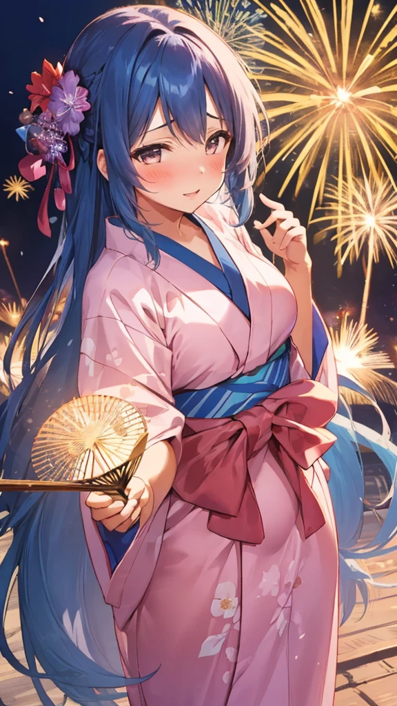 Master piece, extremely detailed, high resolution, Haruba Negi style, girl, holding hands with a boy, yukata, yukata with morning glory pattern, dumpling hair, blue hair, fireworks display background, holding a fan, camera eyes, middle chest, constricted waist, glossy plump lips, glossy hair, pink lips, happy expression to see my boyfriend, blushing cheeks and embarrassed, Tanabata decoration