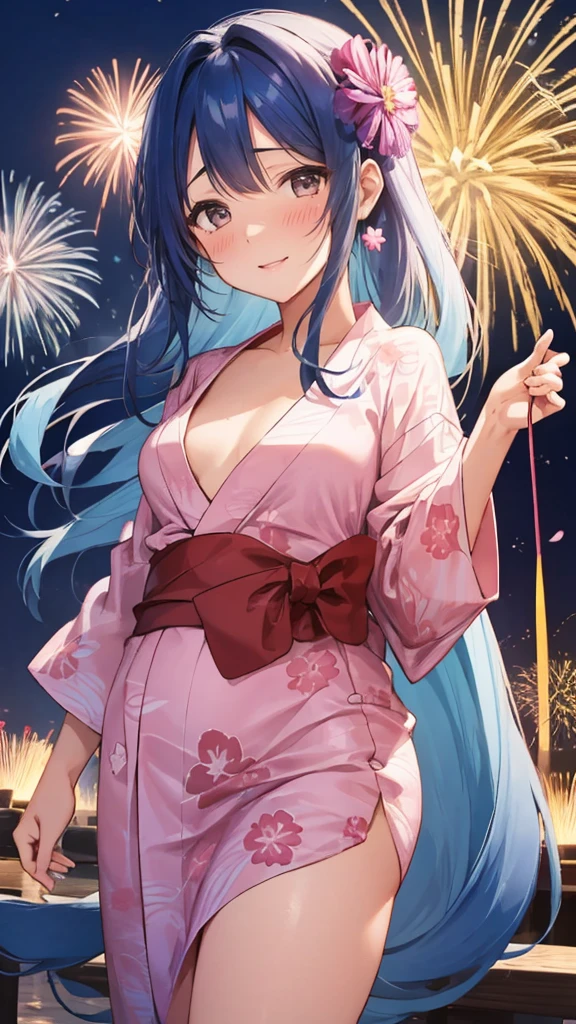 Master piece, extremely detailed, high resolution, Haruba Negi style, girl, holding hands with a boy, yukata, yukata with morning glory pattern, dumpling hair, blue hair, fireworks display background, holding a fan, camera eyes, middle chest, constricted waist, glossy plump lips, glossy hair, pink lips, happy expression to see my boyfriend, blushing cheeks and embarrassed, Tanabata decoration