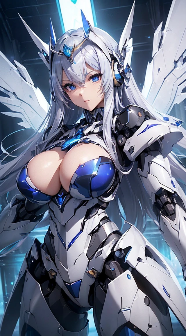 ((Intense action pose:1.6))、((Shining lenses on both breasts:1.3))、((Blue pillars of light are emanating from both chests.:1.3))、smile、((8K)), ((32k)), ((Highest quality)), ((masterpiece)), ((超A high resolution)), ((Tmasterpiece)), ((Halation:1.4))、((Mechaニカルheadgear:1.2))、((Cyber Headphones:1.3))、Fine skin, High quality fabric, Fine metal texture、((Beautiful and dense face))、RAW Photos、Professional, Ultra-fine painting, ((alone)), Beautiful breasts、Highest quality, Very detailed, Very detailed詳細, Finer details, so beautiful, ((Princess Knight Robot:1.2)), (Joints of machines, Mechanical Limbs:1.3), (The internal structure of the machine is exposed:1.3), (Long silver hair:1.1), (Beautiful and huge mechanical breasts)、White Veil, cowboy_shot, Side Focus, headgear, Shiny、(Five Fingers, Four fingers and thumb),Concept Art, Anime fantasy artwork, Detailed fantasy art, (with pale blue-violet hair and large white wings,,,,,,,), (((Long silver hair))), (Mecha:1.6)、Sleek and intimidating design, ((Commander-in-Chief'arm)), (Perfect robot body)、純白と青紫armまたは, Symmetrical wings, 8K high quality, detailed art, 3D rendering of character art in 8K, neat legs, Defined, Defined fingers,