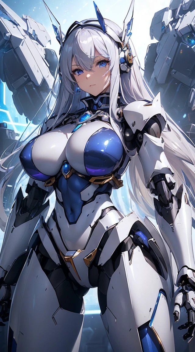 ((Intense action pose:1.6))、((Shining lenses on both breasts:1.3))、((Blue pillars of light are emanating from both chests.:1.3))、smile、((8K)), ((32k)), ((Highest quality)), ((masterpiece)), ((超A high resolution)), ((Tmasterpiece)), ((Halation:1.4))、((Mechaニカルheadgear:1.2))、((Cyber Headphones:1.3))、Fine skin, High quality fabric, Fine metal texture、((Beautiful and dense face))、RAW Photos、Professional, Ultra-fine painting, ((alone)), Beautiful breasts、Highest quality, Very detailed, Very detailed詳細, Finer details, so beautiful, ((Princess Knight Robot:1.2)),  (Joints of machines, Mechanical Limbs:1.3), (The internal structure of the machine is exposed:1.3), (Long silver hair:1.1), (Beautiful and huge mechanical breasts)、White Veil, cowboy_shot, Side Focus, headgear, Shiny、(Five Fingers, Four fingers and thumb),Concept Art, Anime fantasy artwork, Detailed fantasy art, (with pale blue-violet hair and large white wings,,,,,,,), (((Long silver hair))), (Mecha:1.6)、Sleek and intimidating design, ((Commander-in-Chief&#39;arm)), (Perfect robot body)、純白と青紫armまたは, Symmetrical wings, 8K high quality, detailed art, 3D rendering of character art in 8K, neat legs, Defined, Defined fingers,