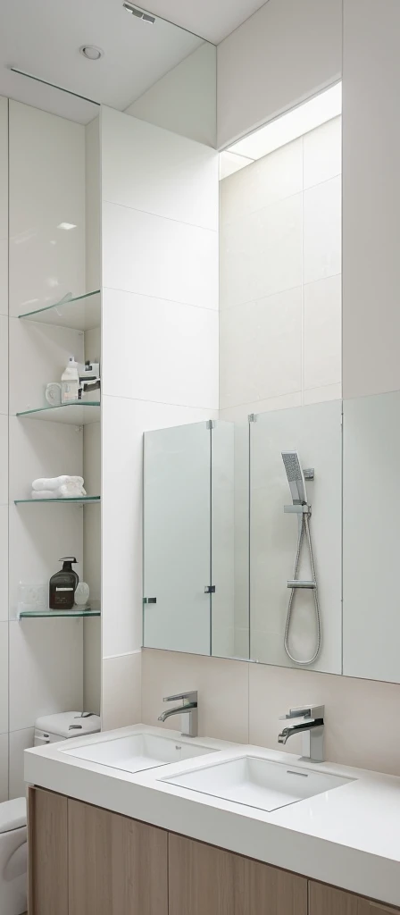 A minimalist Muji style bathroom featuring a neutral color palette with soft beige and natural wood tones. The bathroom includes a wall-mounted wooden vanity with a white countertop and a rectangular mirror above it. Below the vanity, a black metal frame holds a small basket for storage. The toilet is placed centrally, with a simple, modern design. Above the toilet, a floating shelf provides storage space for towels and toiletries.

The shower area is separated by a clear glass partition and features a modern rainfall showerhead. The walls and floor are tiled in large, matte tiles that match the neutral tones of the room. Recessed downlights in the flat ceiling provide soft, even illumination. The overall design is clean and functional, emphasizing simplicity and natural materials.

((8k)), high quality detail, minimalist design, neutral color palette, natural materials, clean lines, serene and functional, modern Japanese aesthetic, wall-mounted vanity, white countertop, rectangular mirror, floating shelf, clear glass partition, rainfall showerhead, large matte tiles, recessed downlights, flat ceiling.
