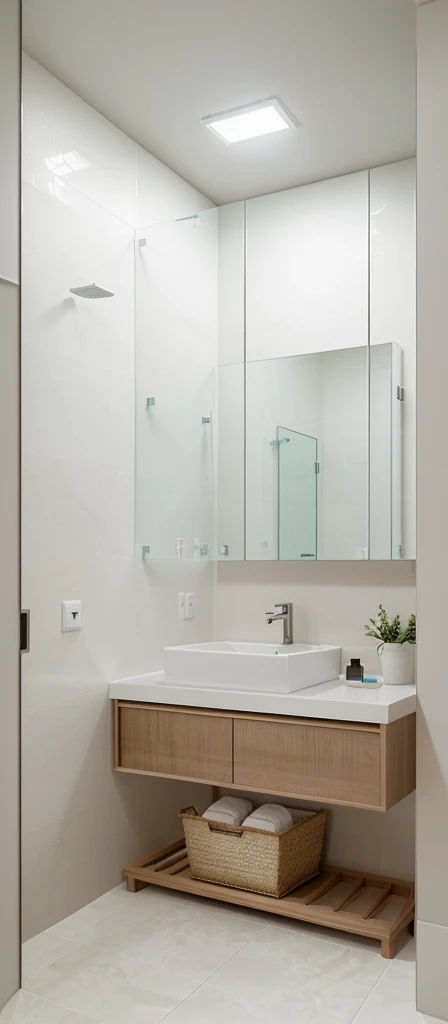 A minimalist Muji style bathroom featuring a neutral color palette with soft beige and natural wood tones. The bathroom includes a wall-mounted wooden vanity with a white countertop and a rectangular mirror above it. Below the vanity, a black metal frame holds a small basket for storage. The toilet is placed centrally, with a simple, modern design. Above the toilet, a floating shelf provides storage space for towels and toiletries.
The shower area is separated by a clear glass partition and features a modern rainfall showerhead. The walls and floor are tiled in large, matte tiles that match the neutral tones of the room. Recessed downlights in the flat ceiling provide soft, even illumination. The overall design is clean and functional, emphasizing simplicity and natural materials.
((8k)), high quality detail, minimalist design, neutral color palette, natural materials, clean lines, serene and functional, modern Japanese aesthetic, wall-mounted vanity, white countertop, rectangular mirror, floating shelf, clear glass partition, rainfall showerhead, large matte tiles, recessed downlights, flat ceiling.