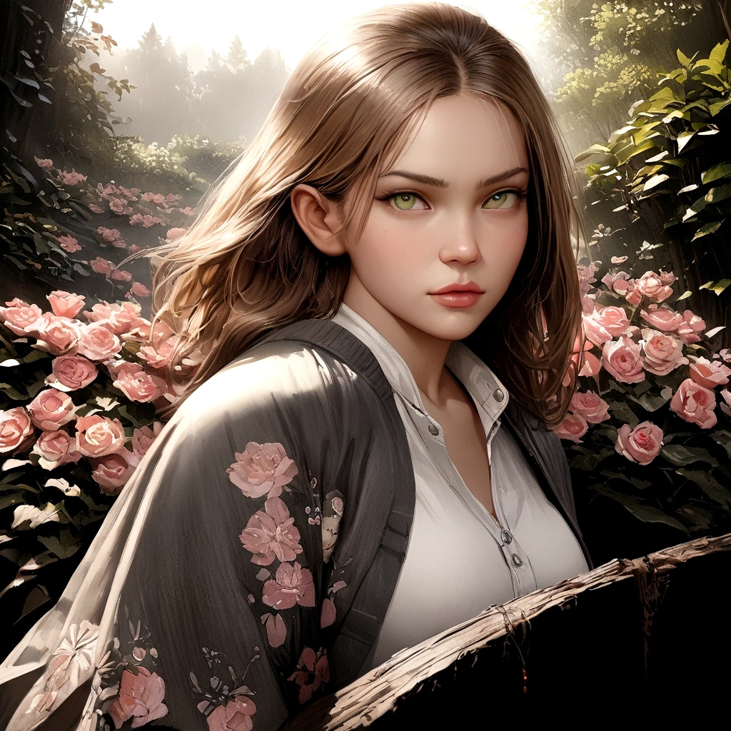 1 girl, medium brown hair, light green eyes, serious expression, outdoor forest background, (best quality,4k,8k,highres,masterpiece:1.2),ultra-detailed,(realistic,photorealistic,photo-realistic:1.37),HDR,UHD,studio lighting,extremely detailed face,detailed eyes,detailed lips,beautiful detailed eyes,beautiful detailed lips,longeyelashes,intricate details,highly detailed,vibrant colors,natural lighting,cinematic composition,dramatic lighting,atmospheric,moody,enchanting,fantasy,magical realism