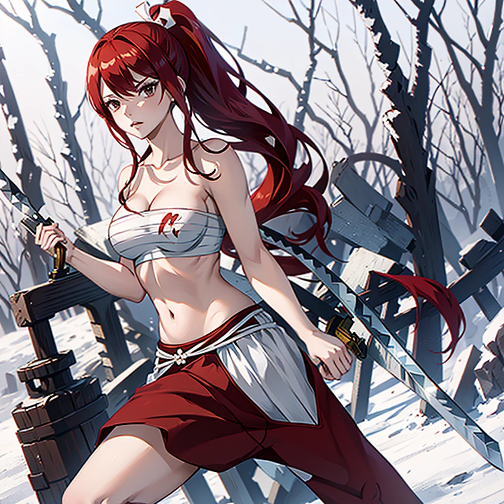 masterpiece, best quality, highres, fairy tail, 1girl, long hair, red hair, ponytail, white ribbon, hair over one eye, brown eyes, large breasts, collarbone, chest sarashi, bandage, bare arms, midriff, red hakama, red pants, standing, holding weapon, sword, katana, outdoors,