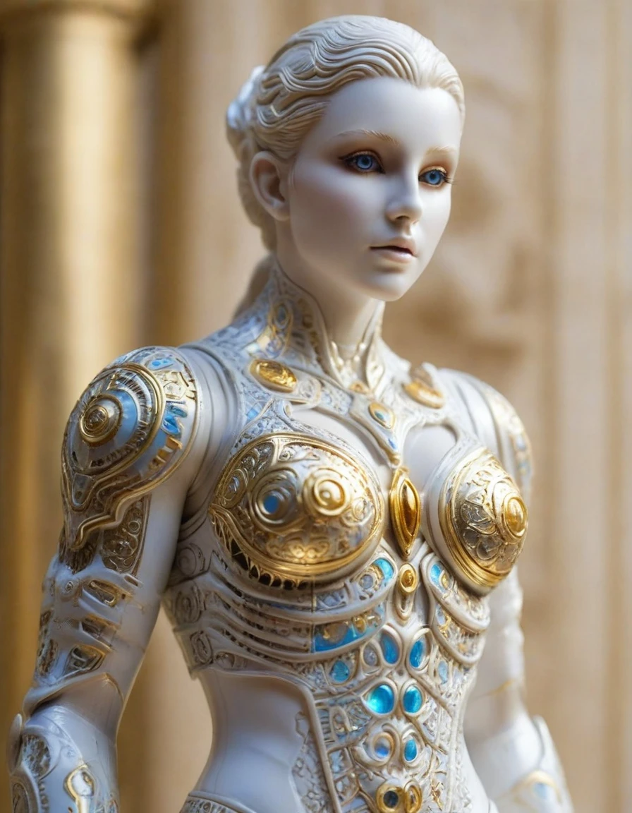 End Of The World manifests as an intricate metallic figure with an elegant white body with gold accents. Its design is adorned with intricate golden patterns that glow softly when activated... Os olhos do Stand emitem uma luz azul intensa, and its limbs are decorated with crystalline structures that shine with different colors. Exudes an aura of mystery and power