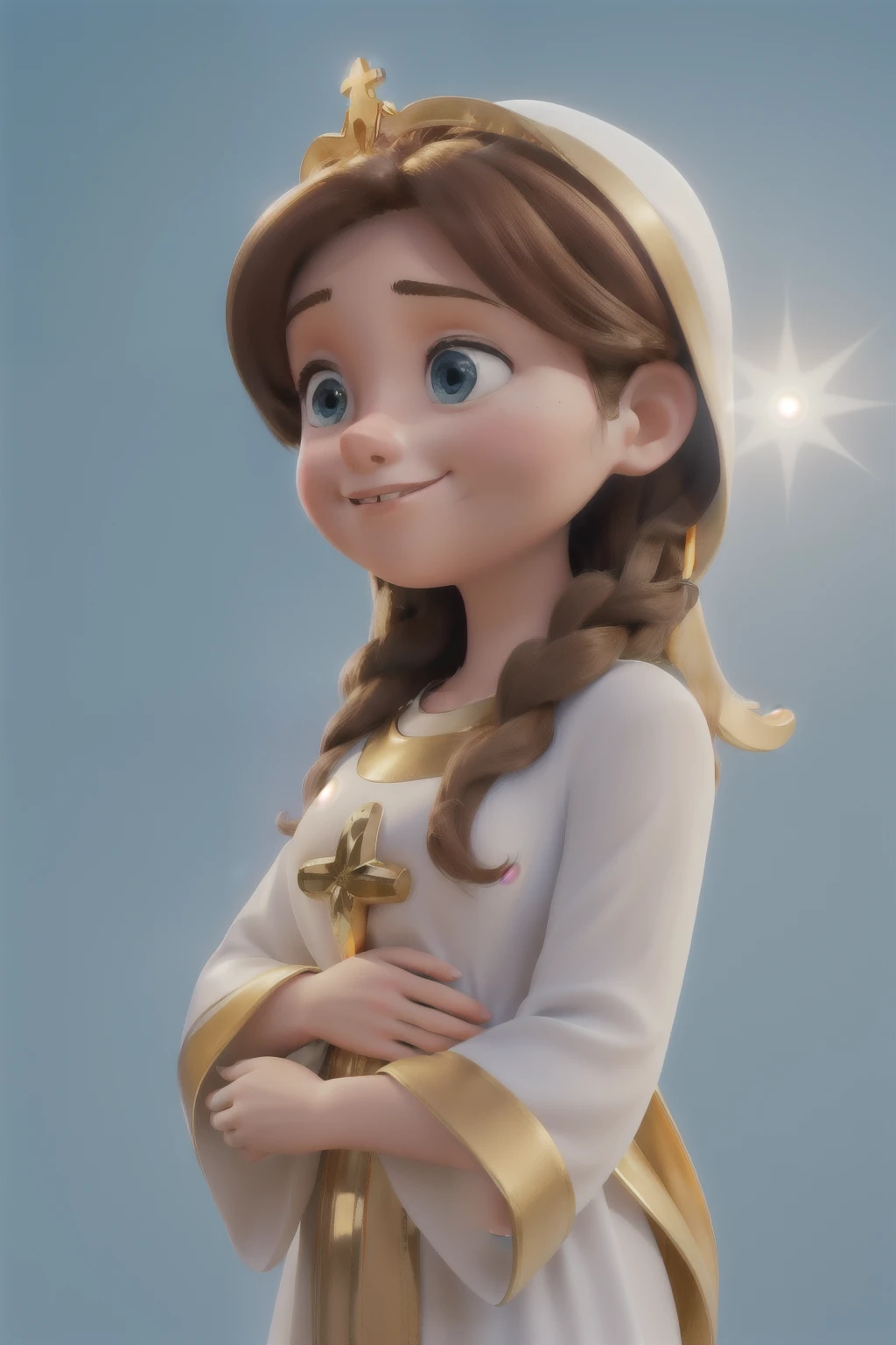 best qualityer, image with white background, virgin mary, with a golden halo over your head, looking sweetly and tenderly forward, hands together in sign of prayer, Grinning, brownhair, white robes with light blue details
