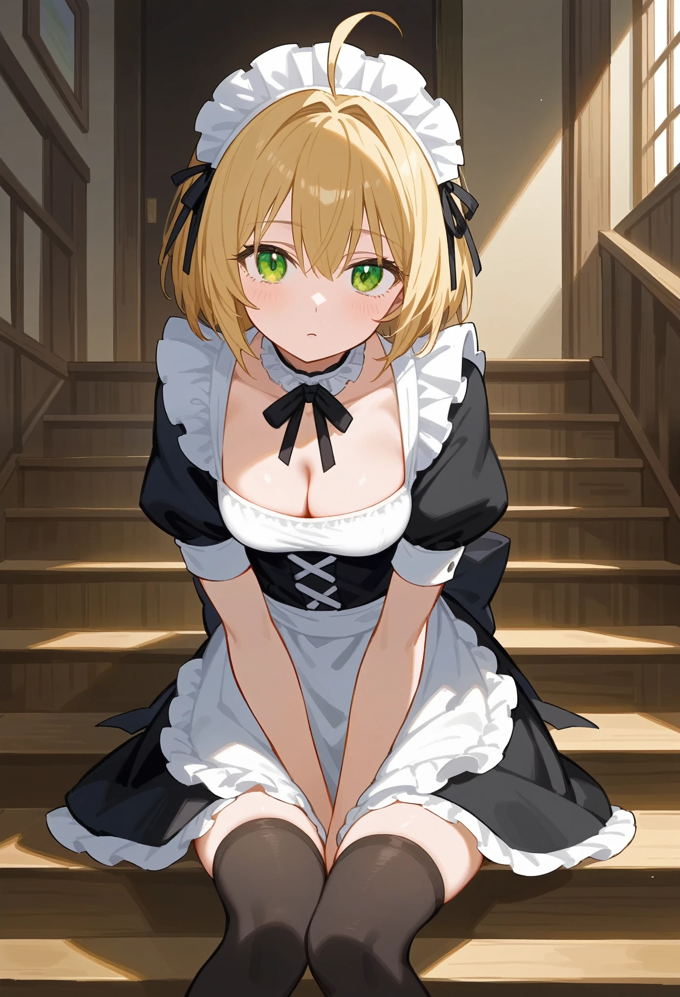 score_9, (ciloranko:1.1), (taya oco), (oekakizuki), anime screencap:1.5, official art, masterpiece, absurdres, anime screencap:1.5, 1girl, :o, ahoge, apron, arm support, black dress, black ribbon, black thighhighs, blonde hair, breasts, choker, cleavage, dress, frilled choker, frills, green eyes, indoors, leaning forward, maid, maid apron, maid headdress, neck ribbon, puffy short sleeves, puffy sleeves, ribbon, seiza, short sleeves, sidelocks, sitting, small breasts, solo, stairs, thighhighs, zettai ryouiki, indoors,