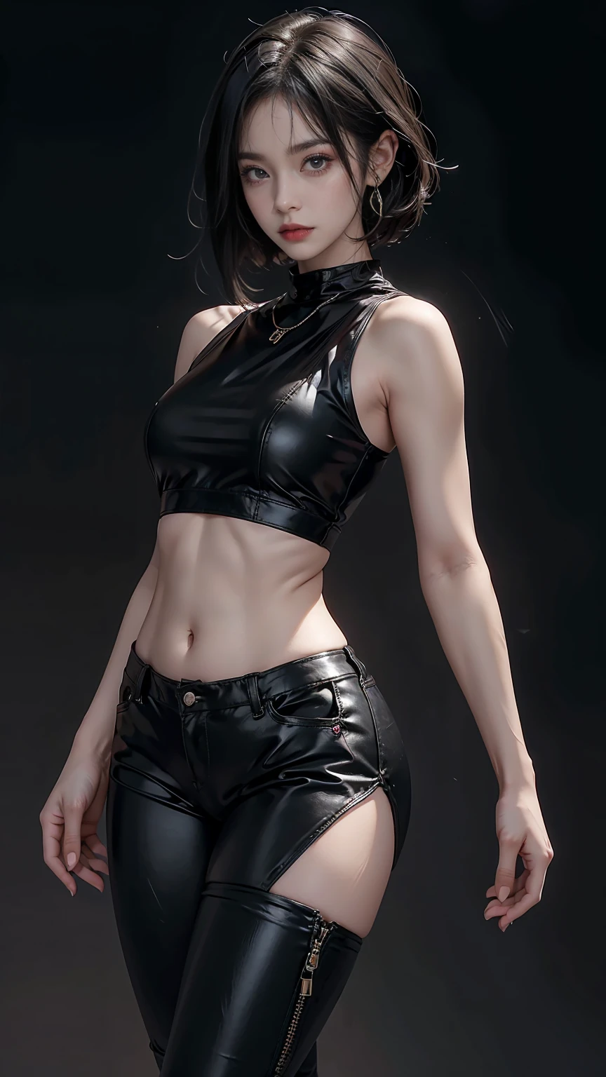 Highest quality、masterpiece、8K、Realistic、超High resolution、Very delicate and beautiful、High resolution、Muscle Girl、Dragon Girl、Perfect female body、Beautiful woman、Mature Woman、Short black hair、Heavy makeup、Toned body、Large Breasts 、Six Pack、I can see your belly、Tank top、Black leather pants、boots、Wild Pose、Full body emphasis、Simple Background