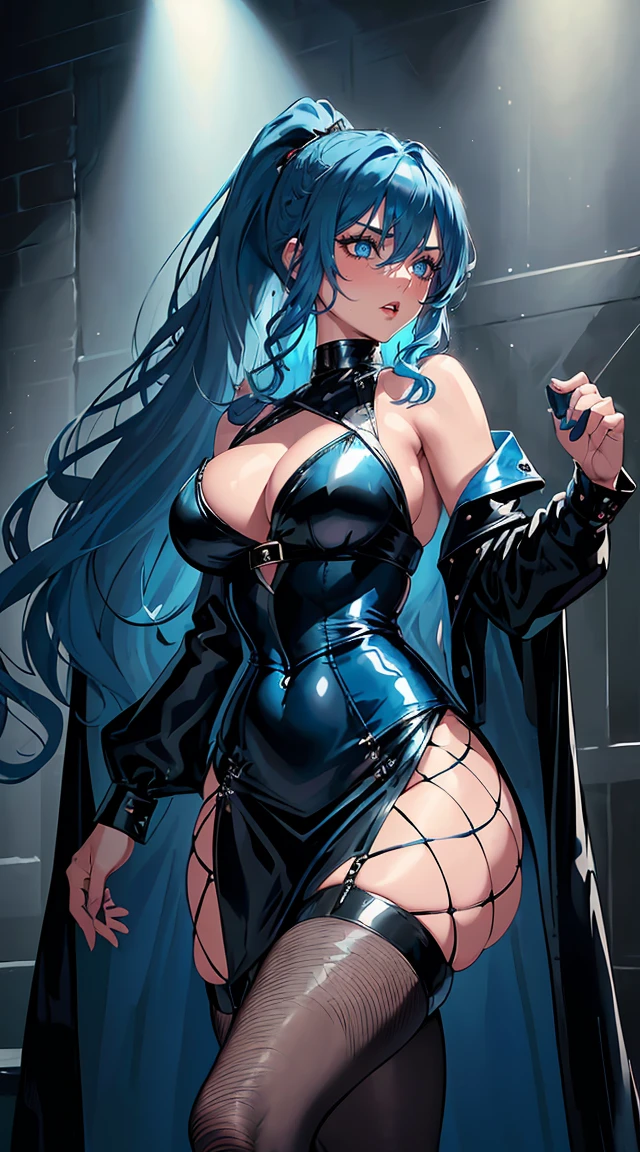 handsome older WOMAN，blue-eyes，blue pupils，Long blue hair，Hyperresolution，accuracy，Detailed rendering，（Subtle facial image）（Image of fine hair）（topquality）（Masterpieces of masters）（High degree of completeness）（A sense of atmosphere）tmasterpiece，Super detailed and super detailed（half-body portrait), long wavy blue hair, (((tHICK WAVY HAIR)))(((ANKLE LENGTH HAIR)))(((Blushing)))(((Huge breasts)))(((LARGER BREASTS))) large breasts, bigger breasts (((Bigger breasts))) (((Blushing))) (((Sakimichan))) (((blue hair))) (((black Rockstar outfit))) (((Leather black outfit))) (((Rockstar)))(((Fishnet tights)))(((cASUAL ROCK OUTFIT))) (((gRUNGE OUTFIT))) (((rOCK MAKEUP))) (((sINGING))) (((bLACK LEATHER OUTFIT))) (((bLACK EYELINER)))(((Fierce expression))) (((Focused))) (((Hair in a long ponytail))) (((Ponytail))) (((Sexy latex outfit)))(((Elf ears)))