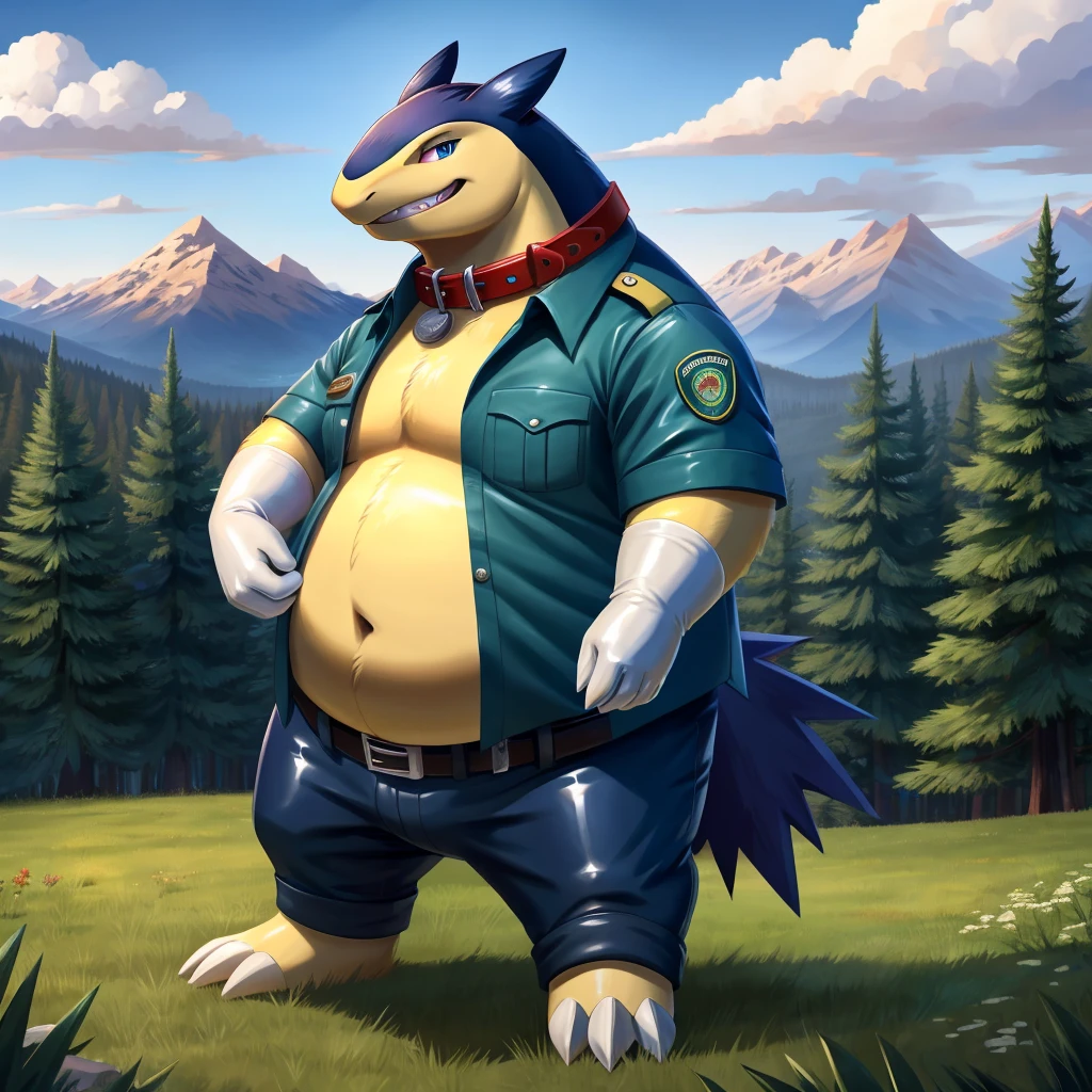 solo, full body, Male, fat, extremely obese, Typhlosion, park ranger, trousers, outdoor, park ranger uniform, collared shirt with buttons, blue eyes, (soft shading), 4k, hi res, ((detailed face, detailed)), looking at viewer, evil grin, Typhlosion is wearing the collared shirt and leather collar at the same time, Typhlosion is wearing a glossy leather dog collar around the neck, Typhlosion is wearing white rubber gloves on the hands, white rubber gloves on the feet, gloves are rubber in texture, leather collar is shiny, leather collar is extremely detailed, rubber gloves are glossy, Evergreen pine forest and mountains national park in the background, Environmental protection area.