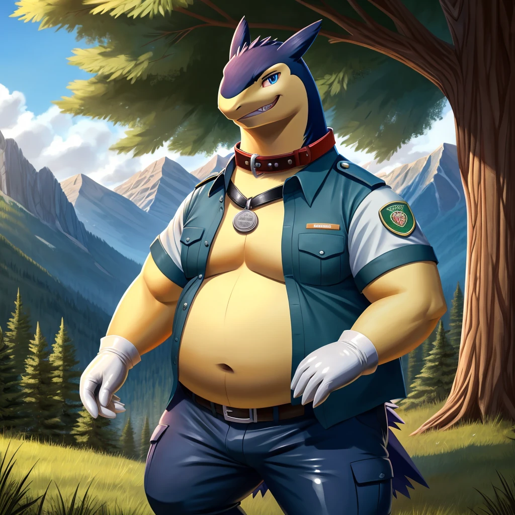 solo, full body, Male, fat, extremely obese, Typhlosion, park ranger, trousers, outdoor, park ranger uniform, collared shirt with buttons, blue eyes, (soft shading), 4k, hi res, ((detailed face, detailed)), looking at viewer, evil grin, Typhlosion is wearing the collared shirt and leather collar at the same time, Typhlosion is wearing a glossy leather dog collar around the neck, Typhlosion is wearing white rubber gloves on the hands, white rubber gloves on the feet, gloves are rubber in texture, leather collar is shiny, leather collar is extremely detailed, rubber gloves are glossy, Evergreen pine forest and mountains national park in the background, Environmental protection area.