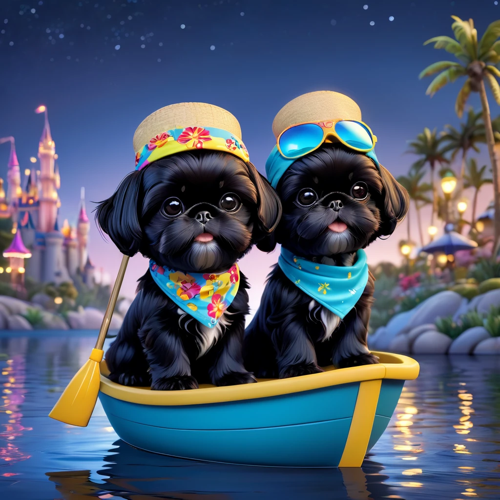 2 adorable small black shih tzu puppies, wearing bright bandannas and sunglasses, fishing at night, disney background, 3d cartoon, 3d render, disney pixar style, cute, playful, whimsical, vibrant colors, soft lighting, highly detailed, masterpiece, photorealistic